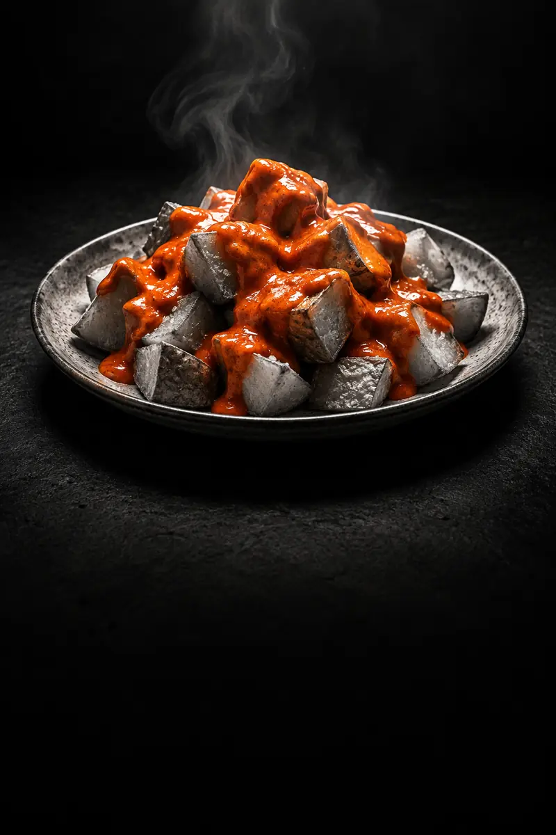 Bravas poster: a plate of patatas bravas under a single light